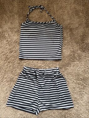 Black and White Striped Halter Crop Top + High-Waist Shorts Set